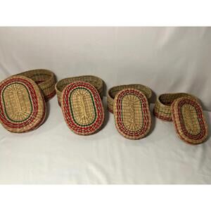 Set of 4 Woven Straw Nesting Baskets with Lids – Oval Wicker Handwoven Storage
